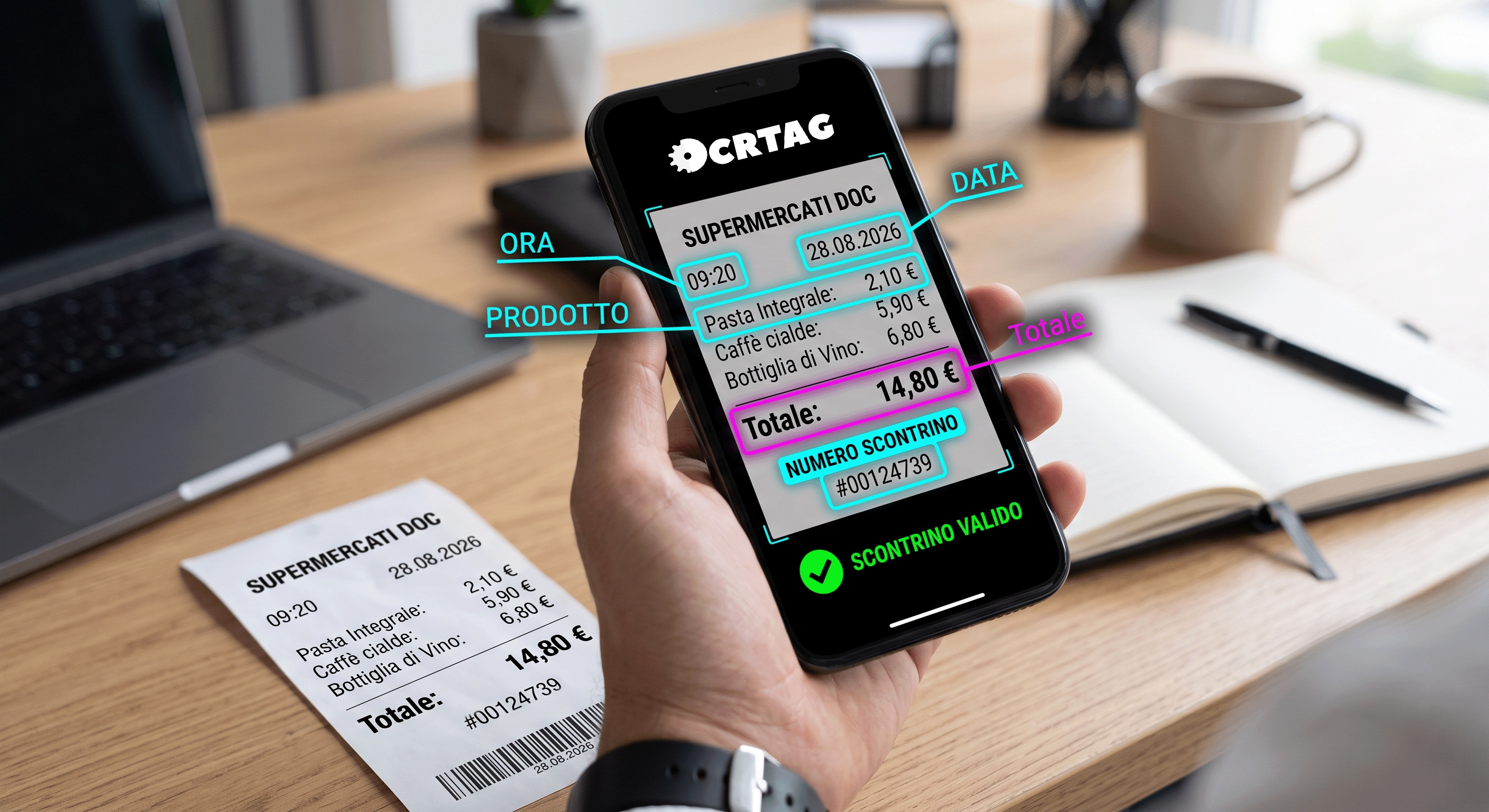 mano che tiene in mano un telefono mentre fa la foto dello scontrino posizionato sul tavolo. L'immagine dello scontrino è scontornata da paragrafi che evidenziano la data, l'ora, il nome dei prodotti, il numero dello scontrino e l'importo totale. Rappresenta ciò che legge la tecnologia OCR