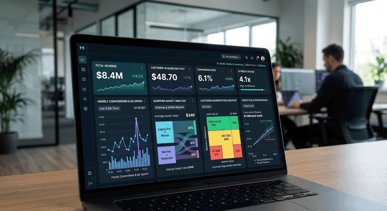 Dashboard di analisi marketing su schermo di un laptop per il monitoraggio dei risultati dei concorsi a premi.