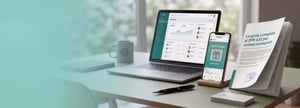 Un desk in un ufficio moderno, con un laptop aperto che mostra una dashboard con grafici e dati, uno smartphone su un supporto di legno con una pagina Instagram aperta e un documento con il titolo 